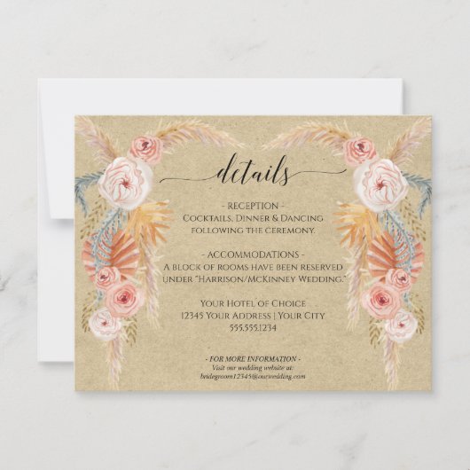 Boho Pampas Grass Foliage Kraft Wedding Details Kaart (Voorkant)