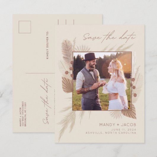 Boho Pampas Grass Foto Wedding Save the Date Aankondigingskaart (Voorkant / Achterkant)