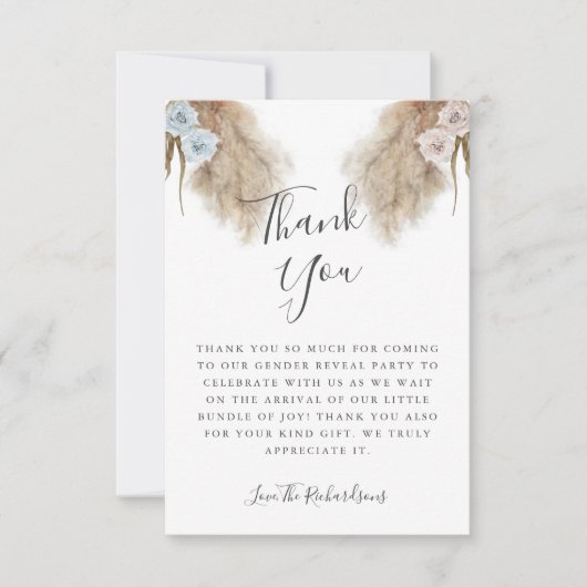 Boho Pampas Grass Gender Reveal Party Bedankkaart (Voorkant)