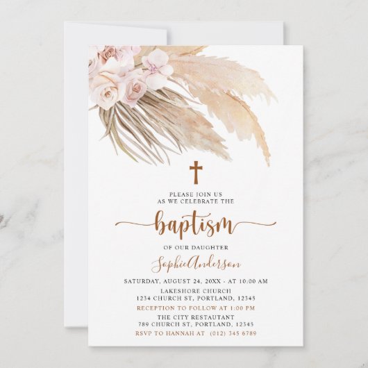 Boho Pampas Grass Girl Baptism Invitation Kaart (Voorkant)