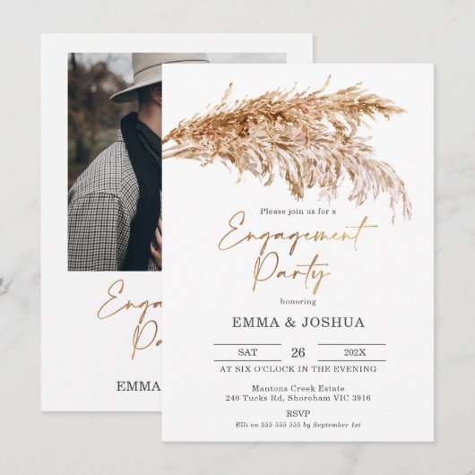 Boho Pampas Grass Gold Calligraphy Verloving Kaart (Voorkant / Achterkant)