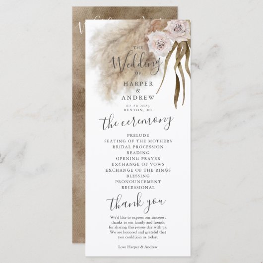 Boho Pampas Grass huwelijksceremonie programma (Voorkant / Achterkant)