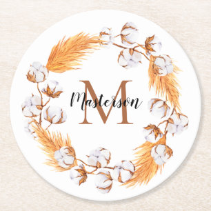 Boho Pampas Grass   Katoen borstMonogram Ronde Kartonnen Onderzetter