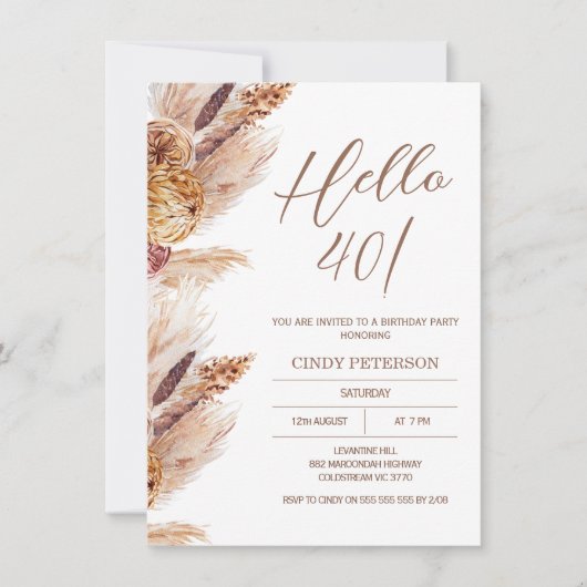 Boho Pampas Grass moderne Invitation Anniversaire (Devant)