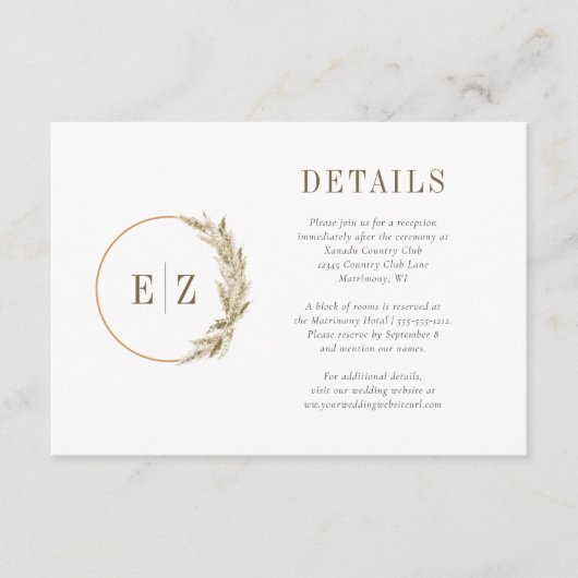 Boho Pampas Grass Monogram Wreath Beige Details Informatiekaartje (Voorkant)