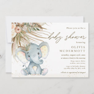 Boho Pampas Grass Neutral Elephant Baby shower Kaart