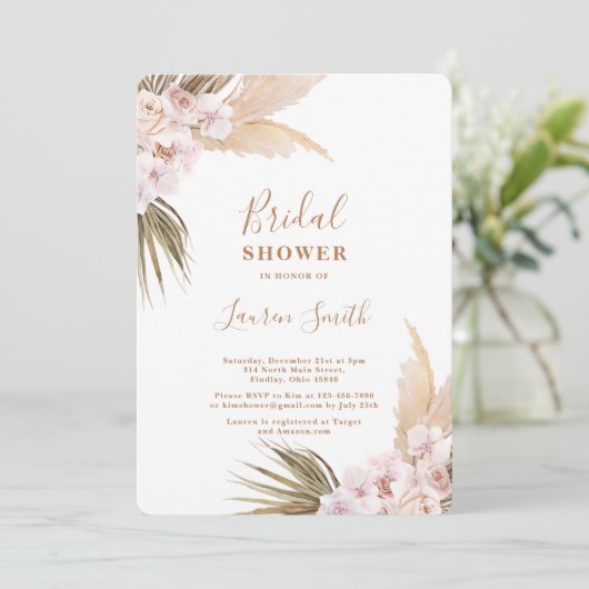 Boho pampas Grass nuptiale douche Invitation (Debout devant)