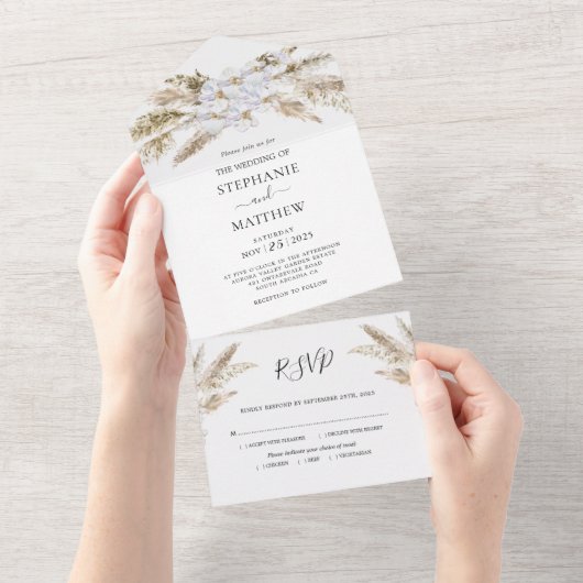 Boho Pampas Grass Orchid Botanical Wedding All In One Uitnodiging (Afscheurbaar)