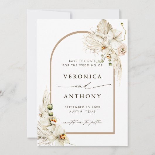 Boho Pampas Grass Orchid Floral Wedding Foto Save The Date (Voorkant)