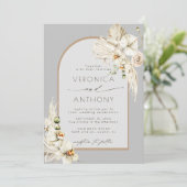 Boho Pampas Grass Orchid Floral Wedding Grey Kaart (Staand voorkant)