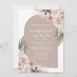 Boho Pampas Grass Pink Floral Wedding Kaart