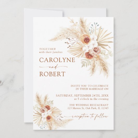 Boho Pampas Grass Terracotta Wedding Invitation Kaart (Voorkant)