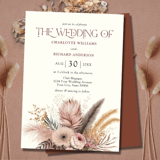 Boho Pampas Grass Terracotta Wedding Invitation Kaart