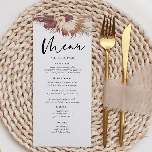Boho Pampas Grass Terrain Mariage Menus