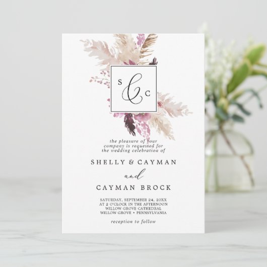 Boho Pampas Grass Traditional Monogram Weddenschap Kaart (Staand voorkant)