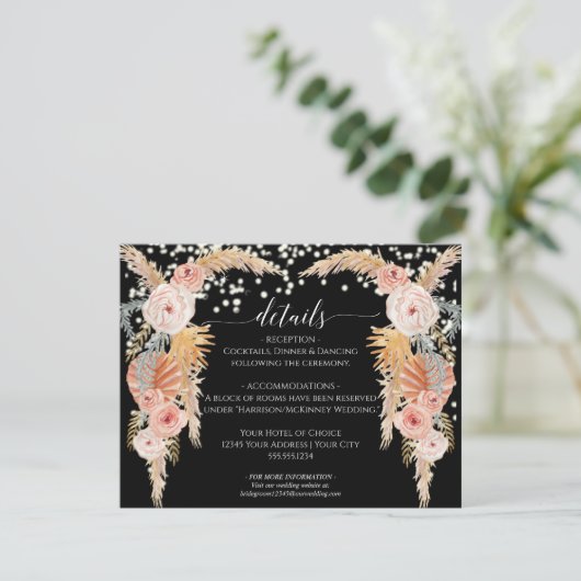 Boho Pampas Grass Twinkle Weddenschap Details Kaart (Staand voorkant)