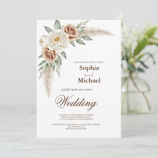 Boho Pampas Grass Waterverf Bloemen Huwelijksuitno Kaart (Staand voorkant)