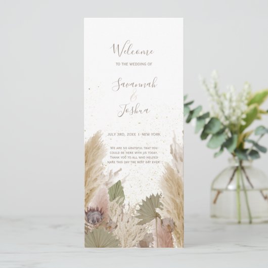 BOHO PAMPAS GRASS WATERVERF WEDDING PROGRAMMA (Staand voorkant)