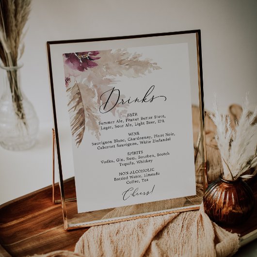 Boho Pampas Grass Wedding Drink Menu Sign Poster