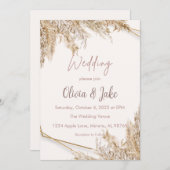 Boho Pampas Grass Wedding Invitation — Beige/Blush Kaart (Voorkant / Achterkant)