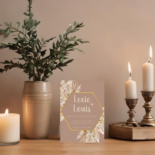 Boho Pampas Grass Wedding Invitation — Beige/Blush Kaart