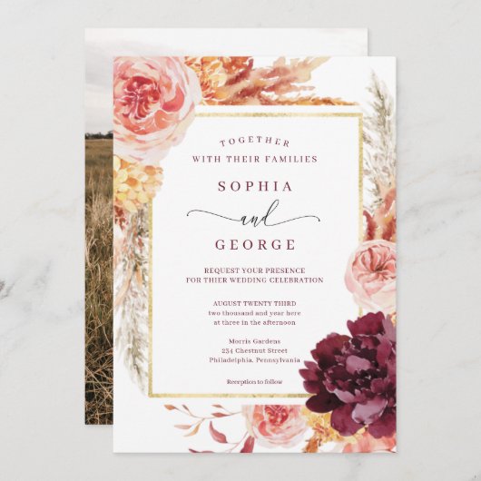 Boho Pampas Grass Wedding Invitation Kaart (Voorkant / Achterkant)