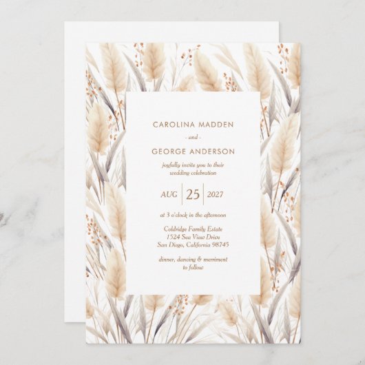 Boho Pampas Grass Wedding Invitation Kaart (Voorkant / Achterkant)