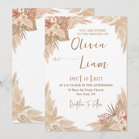 Boho Pampas Grass Wedding Kaart (Voorkant / Achterkant)