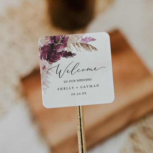 Boho Pampas Grass Wedding Welkom Vierkante Sticker