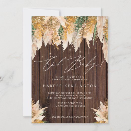 Boho Pampas Grass Wood Twinkle Licht Baby shower Kaart (Voorkant)