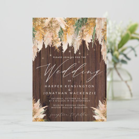 Boho Pampas Grass Wood Twinkle Weddenschap Kaart (Staand voorkant)