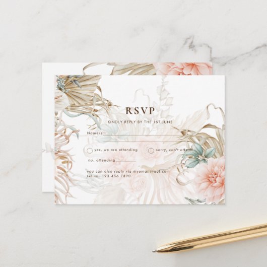 BOHO Pampas Grass Yellow Wedding Briefkaart (Voorkant / Achterkant in situ)