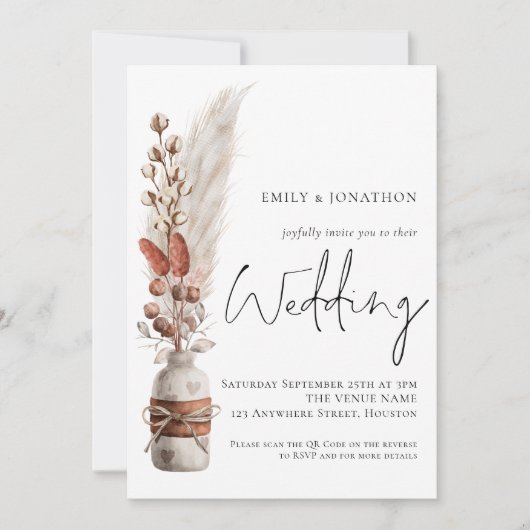 Boho Pampas Grasses QR Code Faire-part de mariage (Devant)