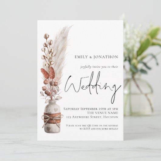 Boho Pampas Grasses QR Code Faire-part de mariage (Debout devant)