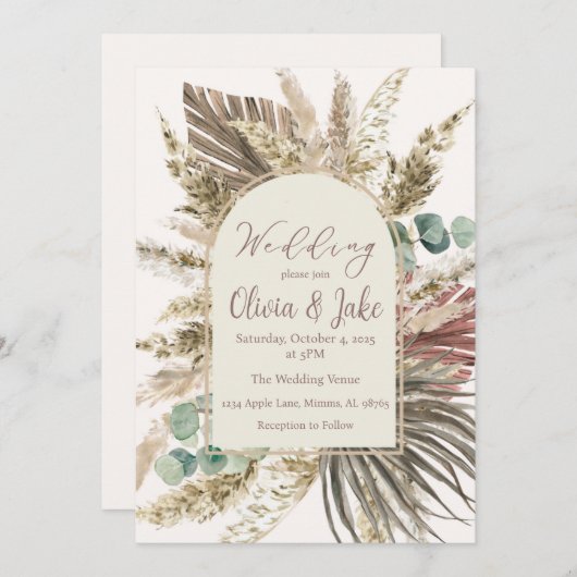 Boho Pampas Gris Faire-part de mariage — Vert Sage (Devant / Derrière)