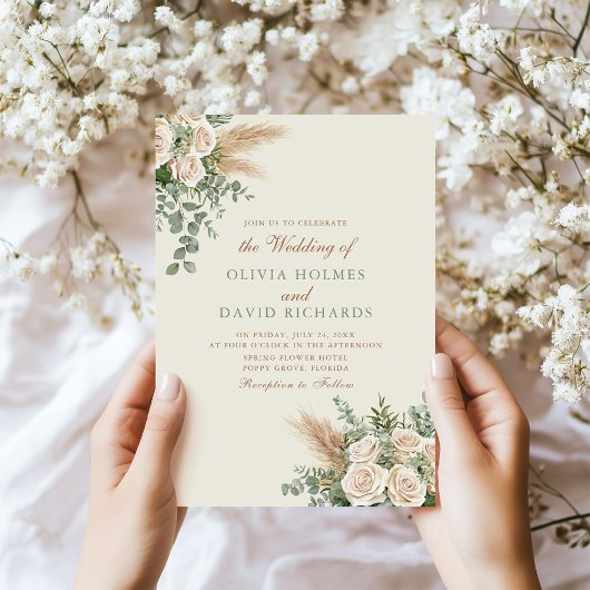 Boho Pampas Gris & Rose blanche Faire-part de mari