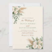 Boho Pampas Gris & Rose blanche Faire-part de mari (Devant)