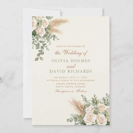 Boho Pampas Gris & Rose blanche Faire-part de mari (Devant)