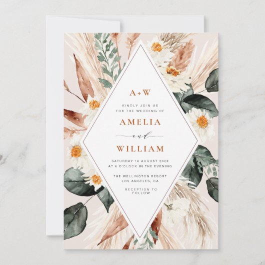 boho pampas herbe faire-part de mariage (Devant)