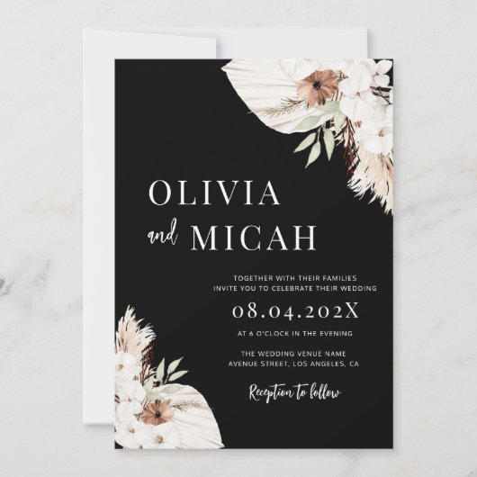 Boho pampas herbe noir faire-part de mariage (Devant)