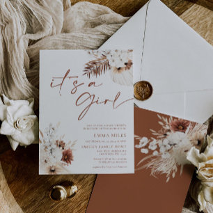 Boho Pampas Het is een Girl Baby shower Uitnodigin Kaart