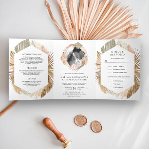 Boho Pampas Krans Gedroogde Palm 3 in 1 Trouwen Drieluik Uitnodiging