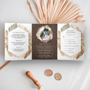 Boho Pampas Krans Gedroogde Palm Hout 3 in 1 Trouw Drieluik Uitnodiging