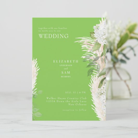 Boho Pampas Lime Groene Witte Hydrangea Huwelijk Kaart (Staand voorkant)