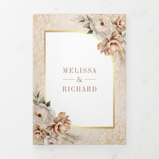 Boho Pampas Neutraal Beige Aardse Bloemenbruiloft Drieluik Uitnodiging (Cover)