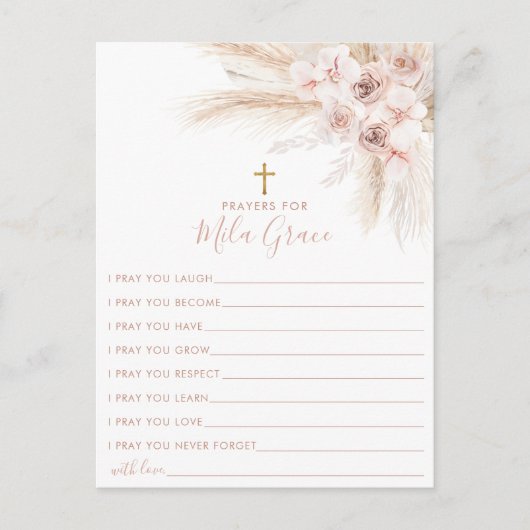 Boho Pampas Pink Girl Floral Baptism Carte de priè (Devant)