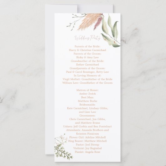 Boho Pampas Programme de Mariage Grass - Pampagras (Dos)