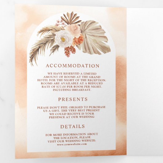 Boho Pampas Pumpkin Floral Terracotta Fall Wedding Drieluik Uitnodiging (Binnenzijde eerst)