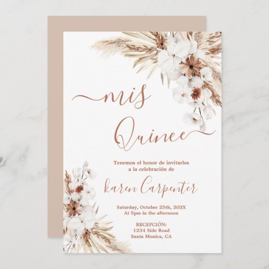 Boho Pampas Quinceanera Invitation (Devant / Derrière)