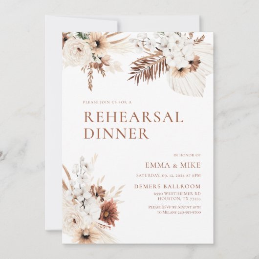 Boho Pampas Rehearsal Dinner Invitation Kaart (Voorkant)